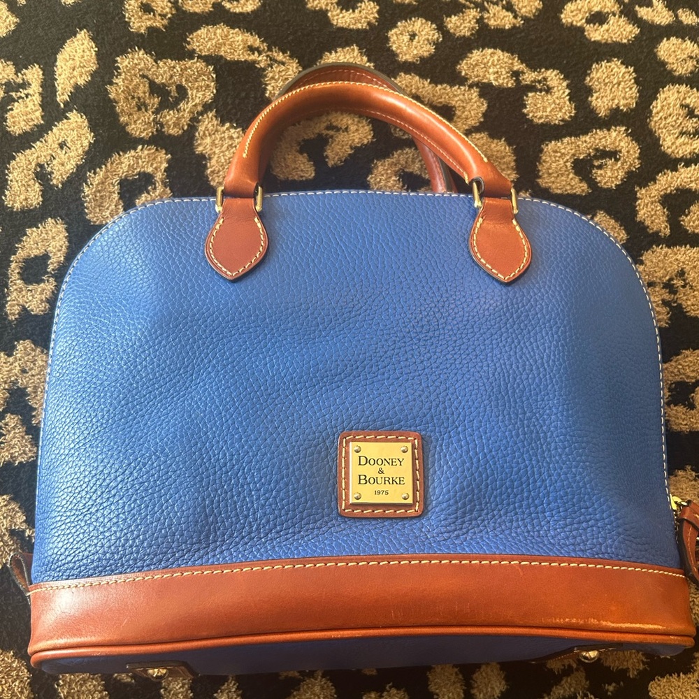 Dooney & Bourke Cobalt Blue Pebbled Leather Zip Zip Satchel with Tan Trim